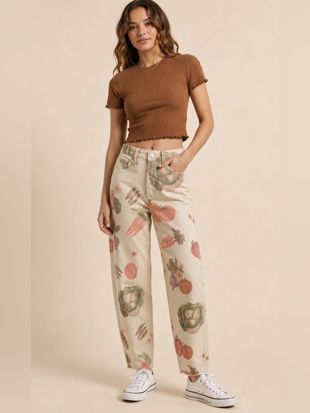 Zara Vegetable Print Barrel Jeans Size 8 NWOT Garden Patina Cottagecore